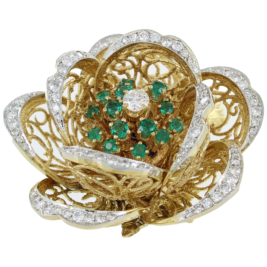 18KT YELLOW GOLD DIAMOND & EMERALD OPEN/CLOSE FLOWER BROOCH PIN