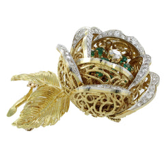 18KT YELLOW GOLD DIAMOND & EMERALD OPEN/CLOSE FLOWER BROOCH PIN