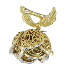18KT YELLOW GOLD DIAMOND & EMERALD OPEN/CLOSE FLOWER BROOCH PIN